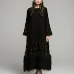 A-line dress with feather work on half the dress