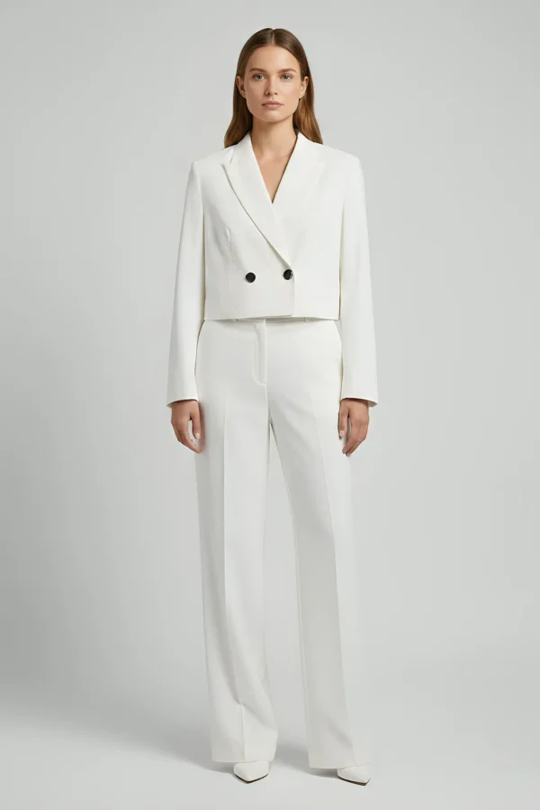 Crop jacket with double breasted button,bird cut work at back with organza and buttoned sleeve hem