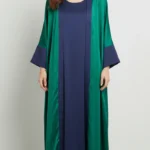 Farasha style abaya with radial kundan stone work at back, green body and navy blue cuffs and boarders