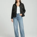 Matte leather medium length jacket with flap pockets and leather piping