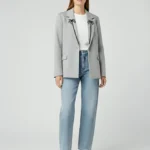 Tailored jacket, relaxed fit, wide notched collar lapel with cut bead and sugar bead hand embroidered palm tree motifs