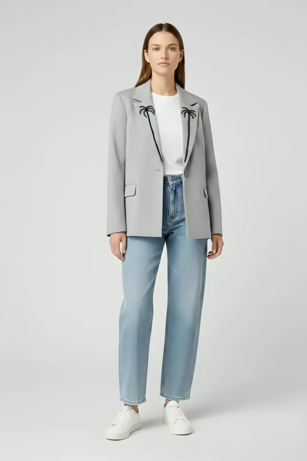Tailored jacket, relaxed fit, wide notched collar lapel with cut bead and sugar bead hand embroidered palm tree motifs