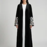 Velvet abaya with wide cuffs with floral work with sequences