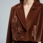 Velvet crop jacket with double breasted button, bird zardosi worked motifs