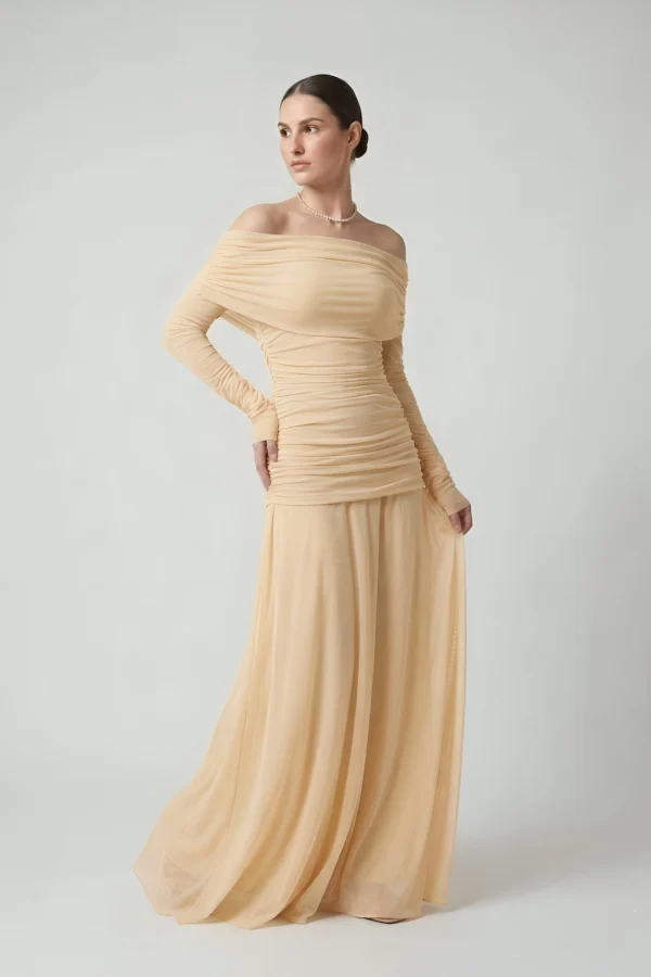 The Butter Yellow Rushed Tulle Off-Shoulder Dress