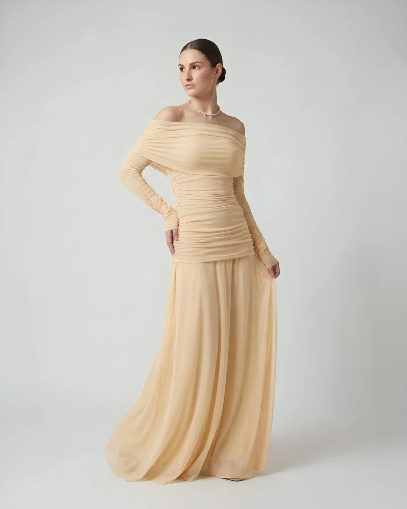 The Butter Yellow Rushed Tulle Off-Shoulder Dress