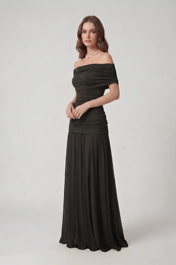 The Black Rushed Tulle Off-Shoulder Dress