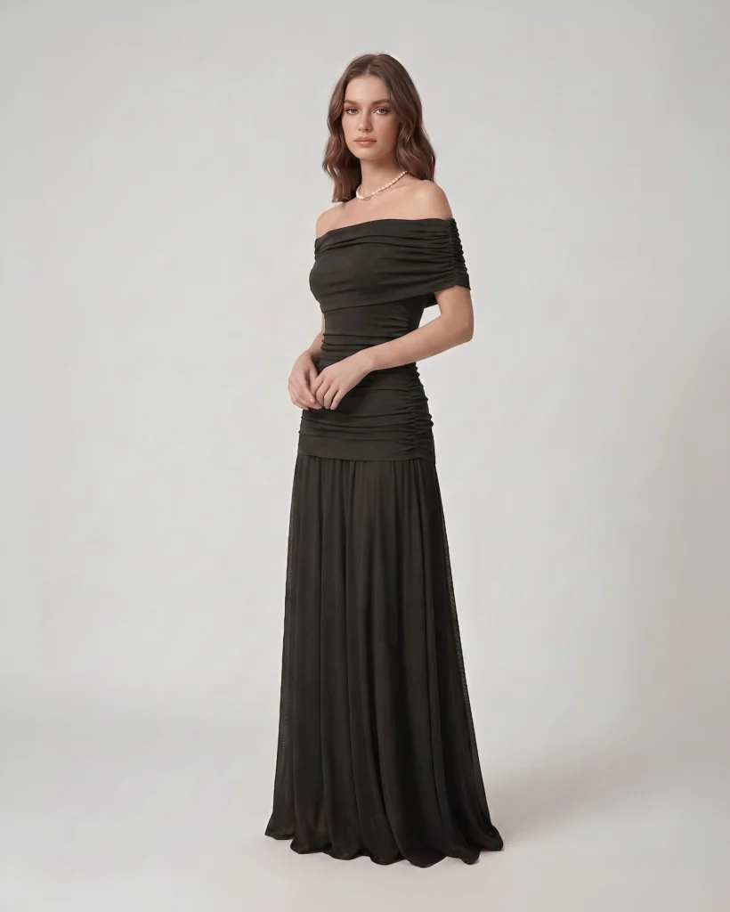 The Black Rushed Tulle Off-Shoulder Dress
