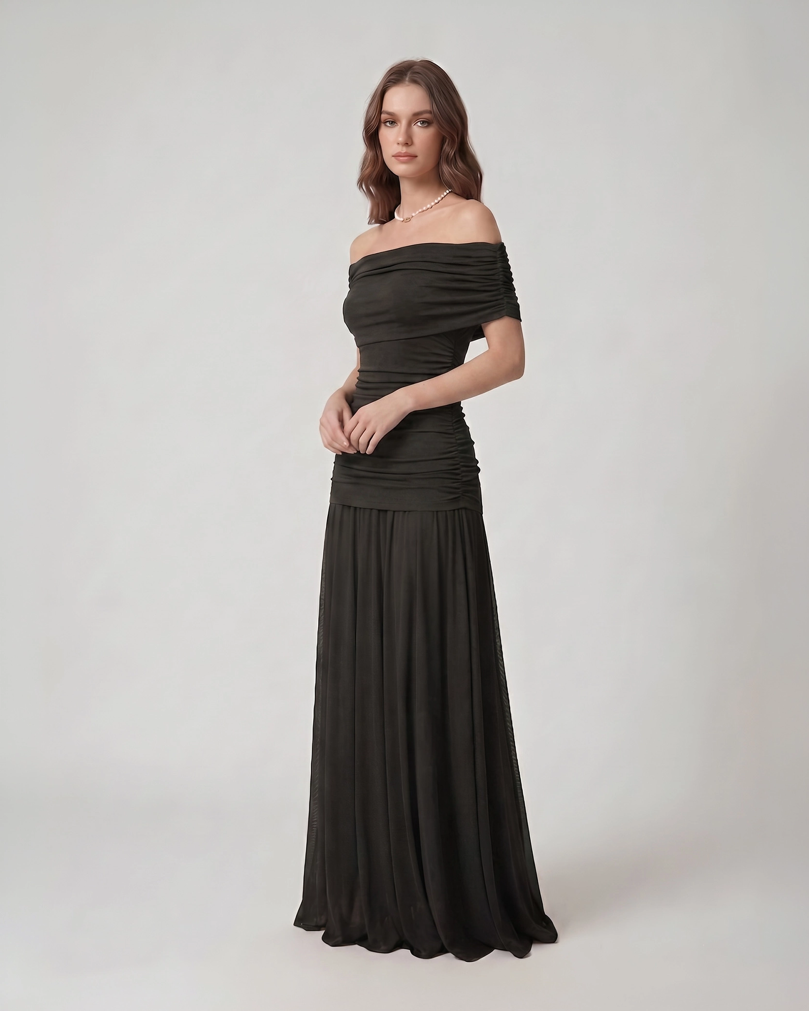 The Black Rushed Tulle Off-Shoulder Dress