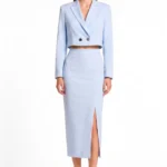 Baby blue cropped double breaster blazer and matching Skirt