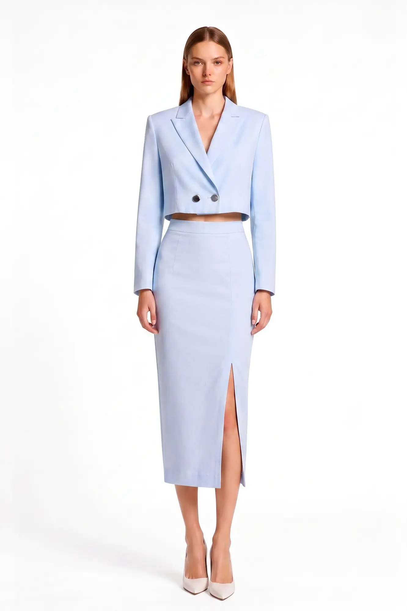 Baby blue Cropped double breaster blazer and Skirt - Front View Baby blue cropped double breaster blazer and matching Skirt - Image 1
