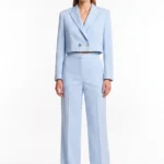 Baby blue cropped double breaster blazer and matching high-waisted, wide-leg trouser