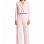 Baby pink cropped double breaster blazer and matching high-waisted, wide-leg trouser