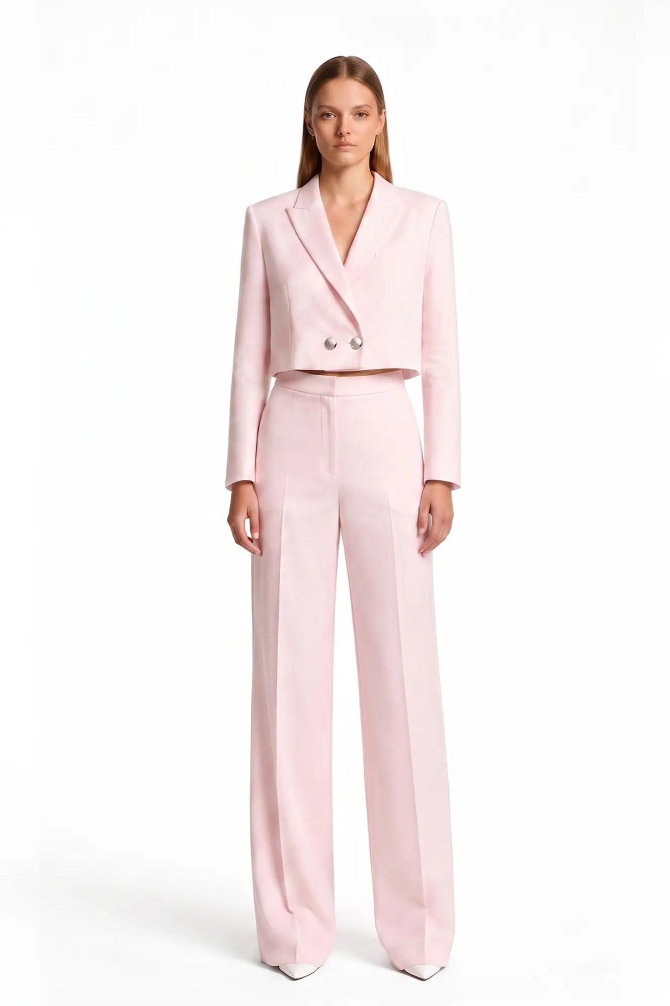 Baby pink cropped double breaster blazer and high-waisted, wide-leg trouser - Front View Baby pink cropped double breaster blazer and matching high-waisted, wide-leg trouser - Image 1