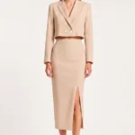 Beige cropped double breaster blazer and matching Skirt