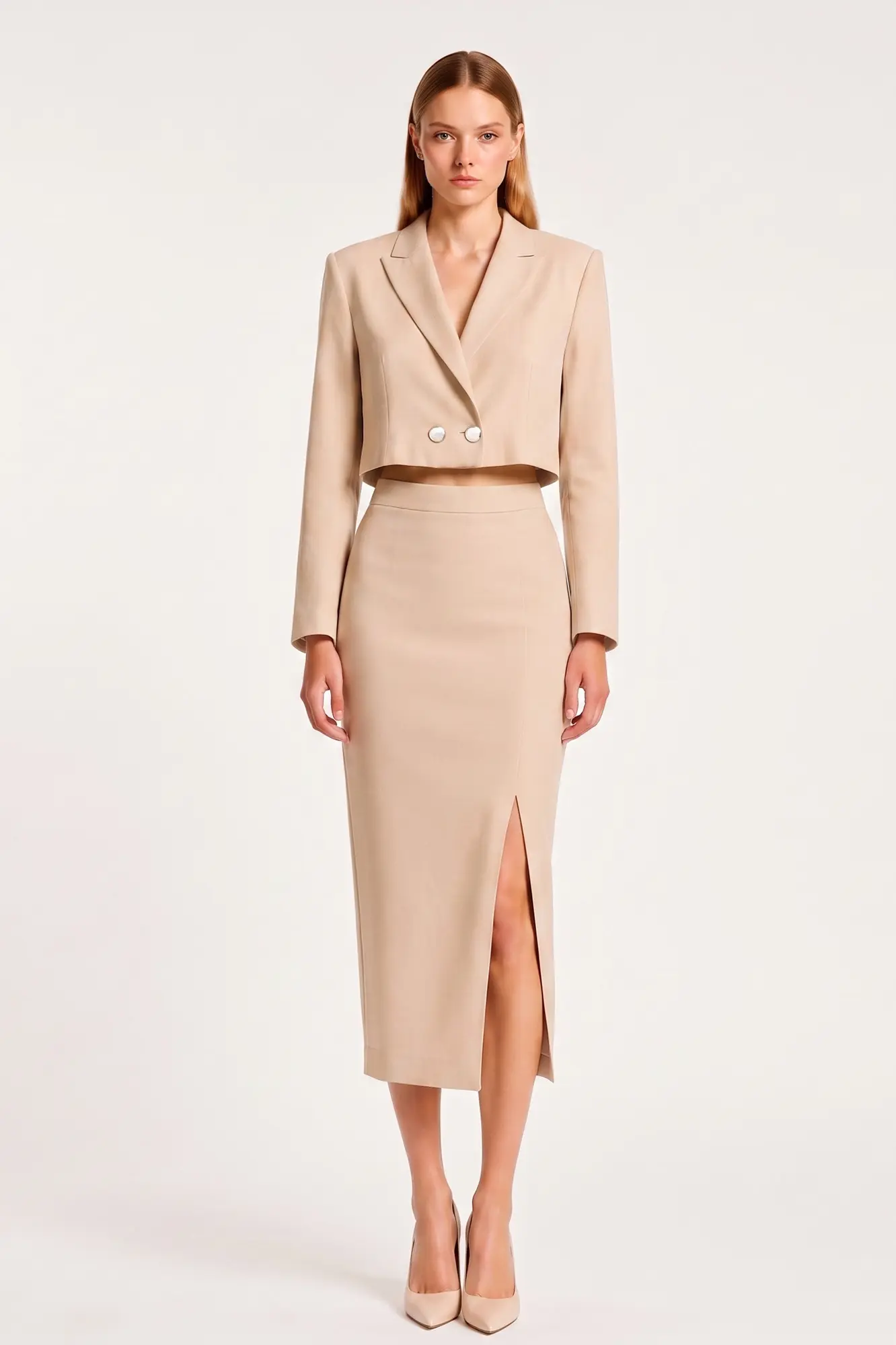 Beige Cropped double breaster blazer and Skirt - Front View Beige cropped double breaster blazer and matching Skirt - Image 1