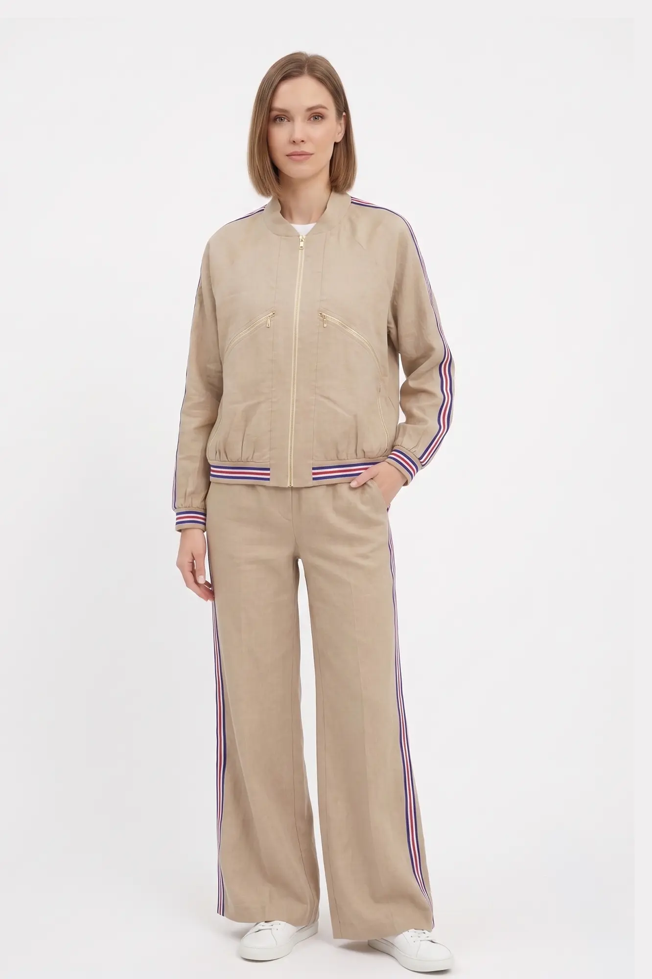 Beige bomber jacket and wide cut trouser - Red & blue ribbed cuffs and hems - Front View Beige Bomber jacket and wide cut trouser - Image 1