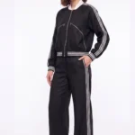 Black bomber jacket and wide cut trouser