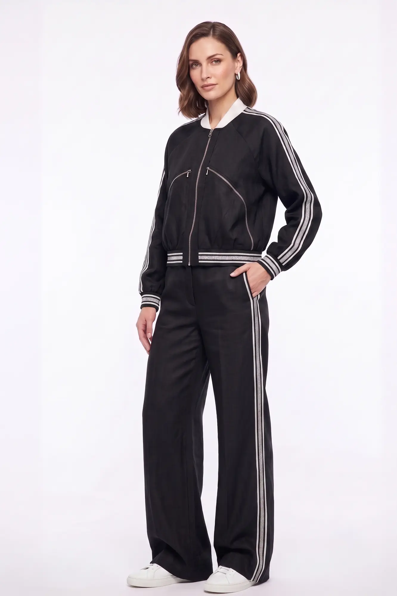 Black bomber jacket & wide cut trouser - White ribbed cuffs and hems - Front View Black bomber jacket and wide cut trouser - Image 1