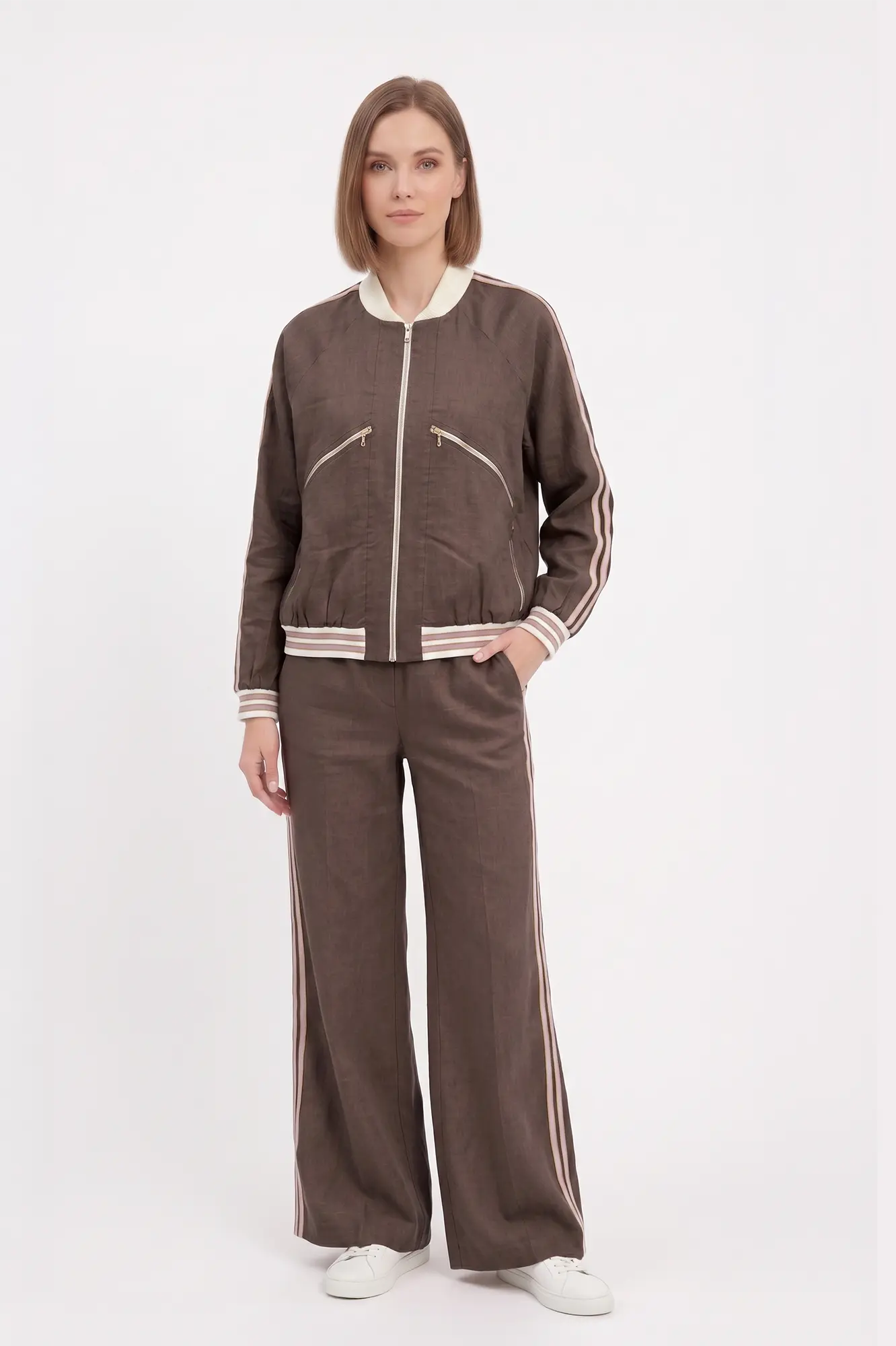 Brown bomber jacket and wide cut trouser - Brown & white ribbed cuffs and hems - Front View Brown Bomber jacket and wide cut trouser - Image 1