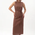 Brown straight cut dress with wrap belt