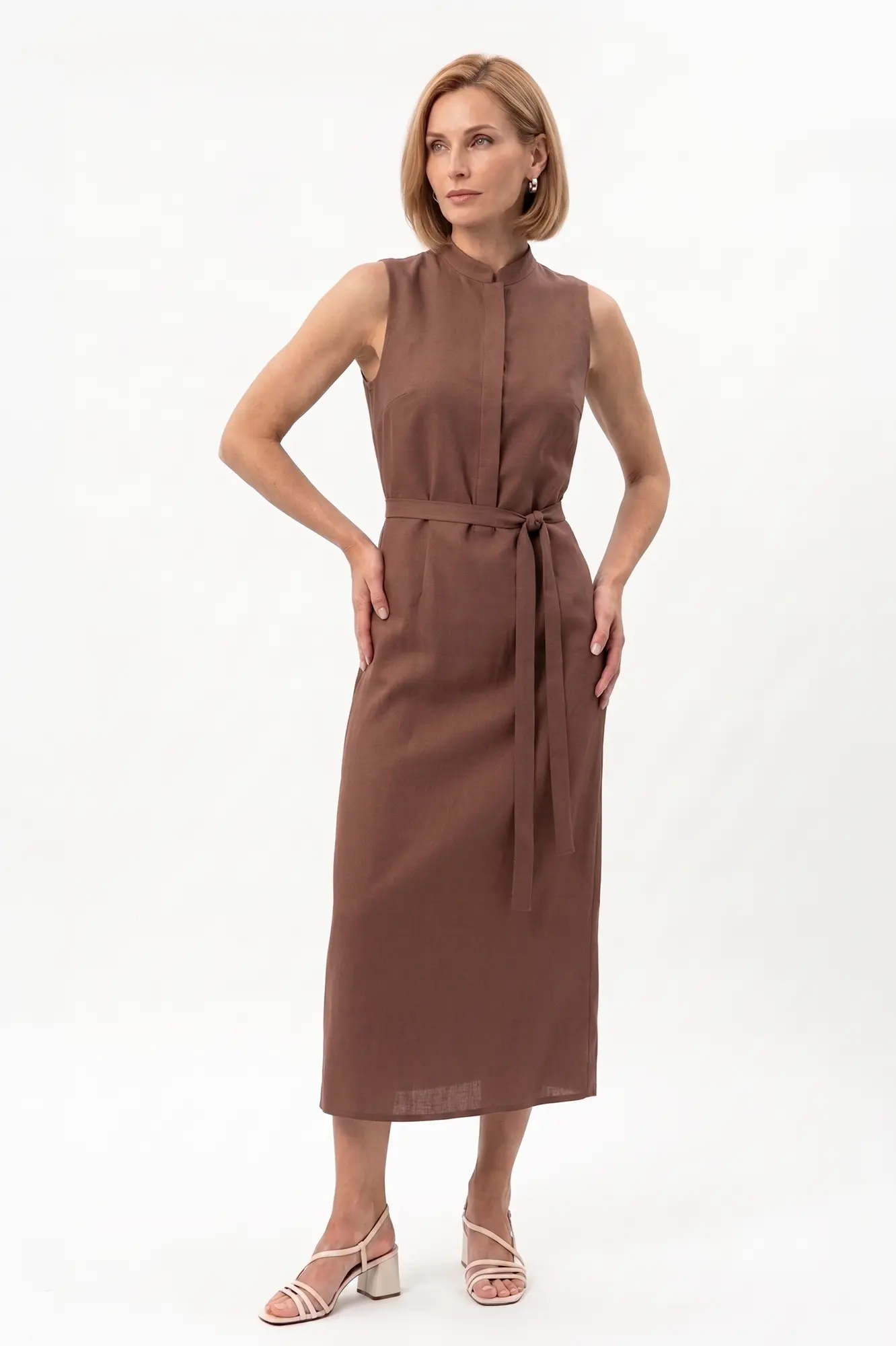Brown straight cut dress with wrap belt - Front View Brown straight cut dress with wrap belt - Image 1