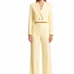 Butter yellow cropped double breaster blazer and matching high-waisted, wide-leg trouser