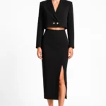 Black cropped double breaster blazer and matching skirt