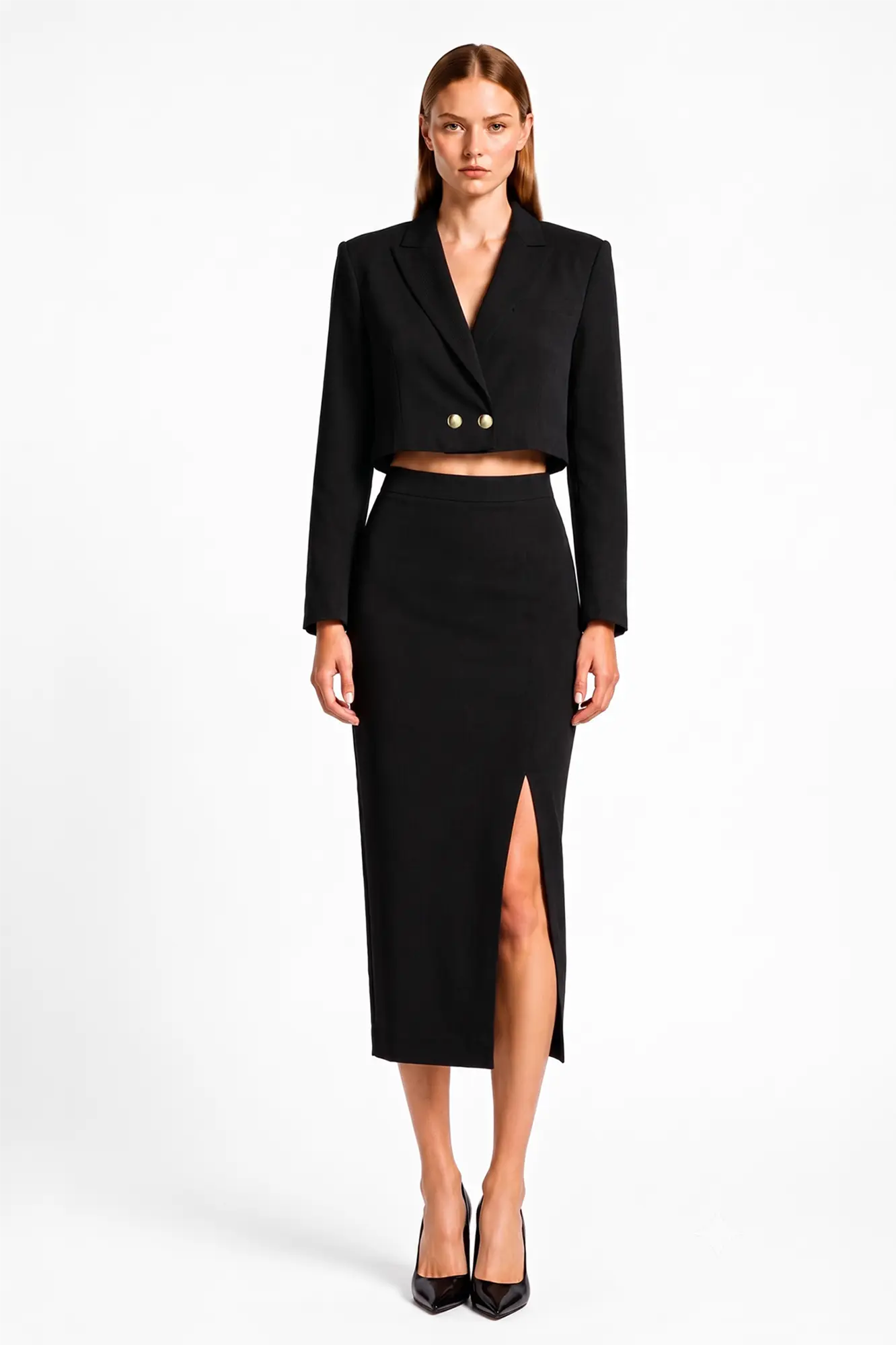 Cropped double breaster blazer and Skirt - Front View Black cropped double breaster blazer and matching skirt - Image 1