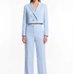 Baby blue cropped double breaster blazer and matching high-waisted, wide-leg trouser