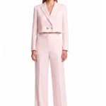 Baby pink cropped double breaster blazer and matching high-waisted, wide-leg trouser