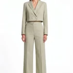 Muted green cropped double breaster blazer and matching high-waisted, wide-leg trouser