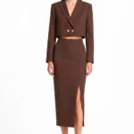 Dark brown cropped double breaster blazer and matching Skirt