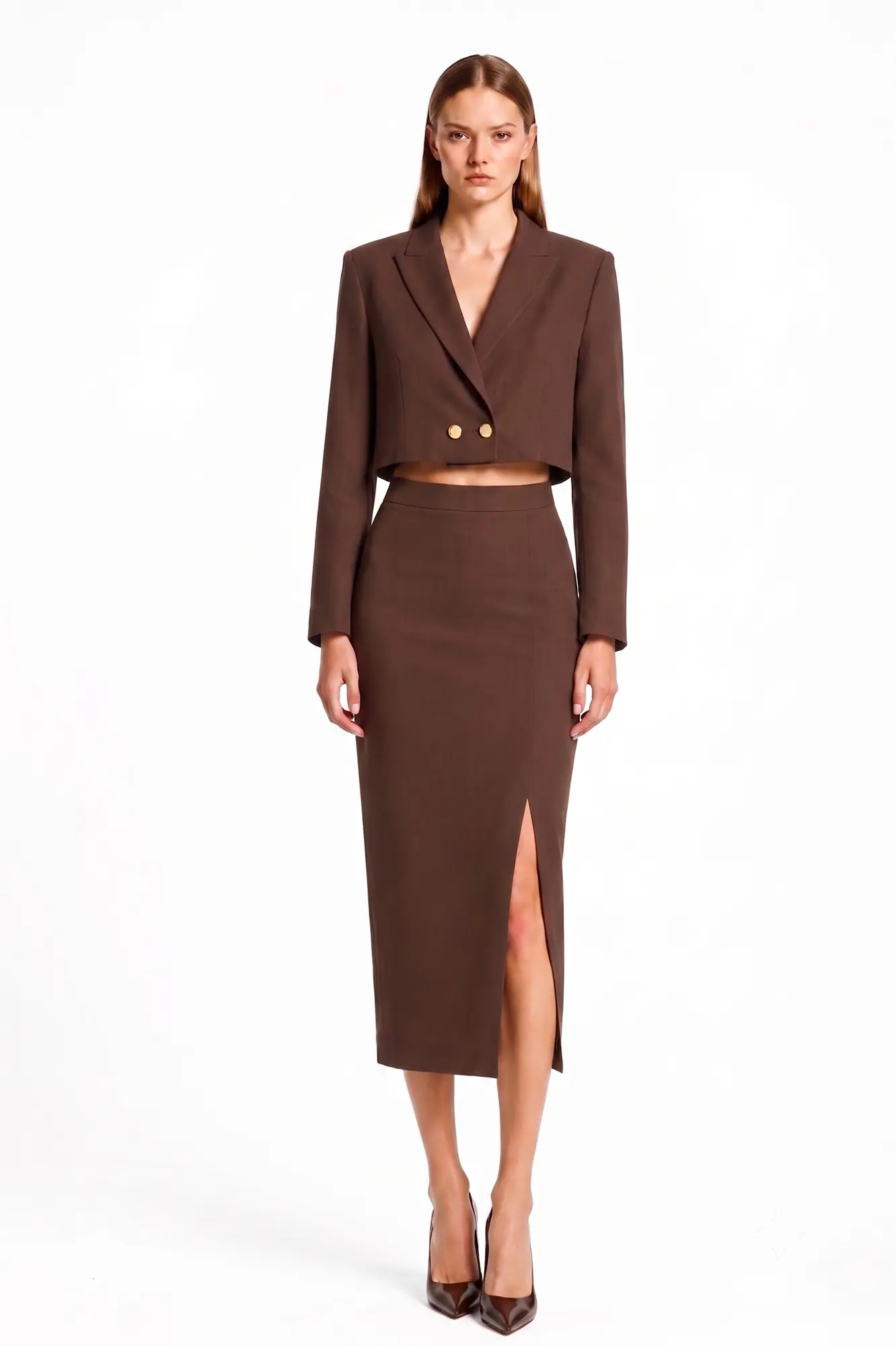 Dark brown Cropped double breaster blazer and Skirt - Front View Dark brown cropped double breaster blazer and matching Skirt - Image 1