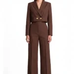 Dark brown cropped double breaster blazer and matching high-waisted, wide-leg trouser
