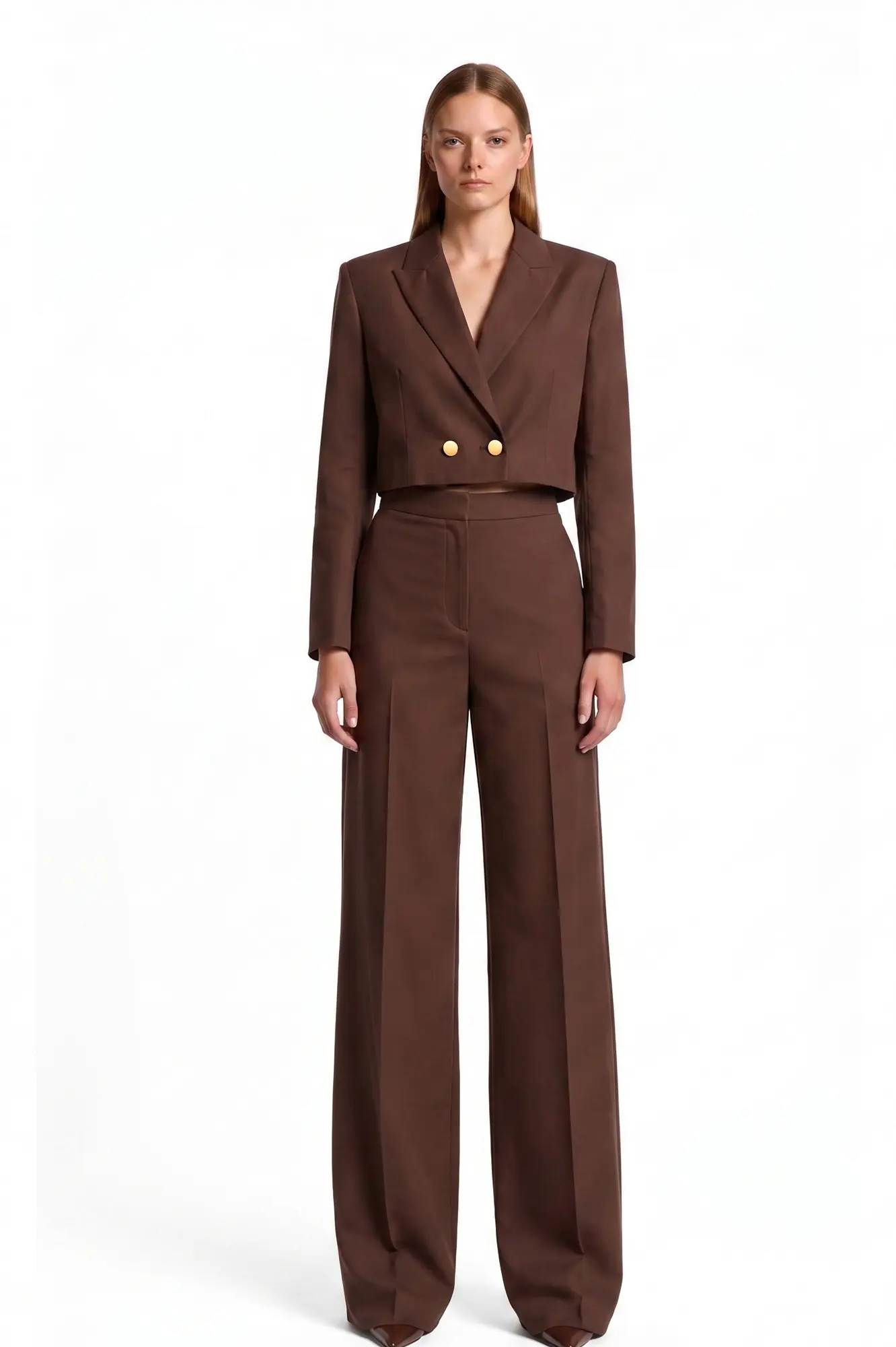 Dark brown cropped double breaster blazer and high-waisted, wide-leg trouser - Front View Dark brown cropped double breaster blazer and matching high-waisted, wide-leg trouser - Image 1
