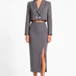 Gray cropped double breaster blazer and matching Skirt