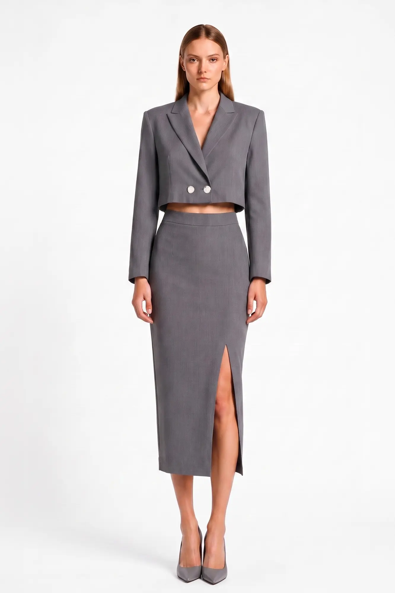 Gray Cropped double breaster blazer and Skirt - Front view Gray cropped double breaster blazer and matching Skirt - Image 1