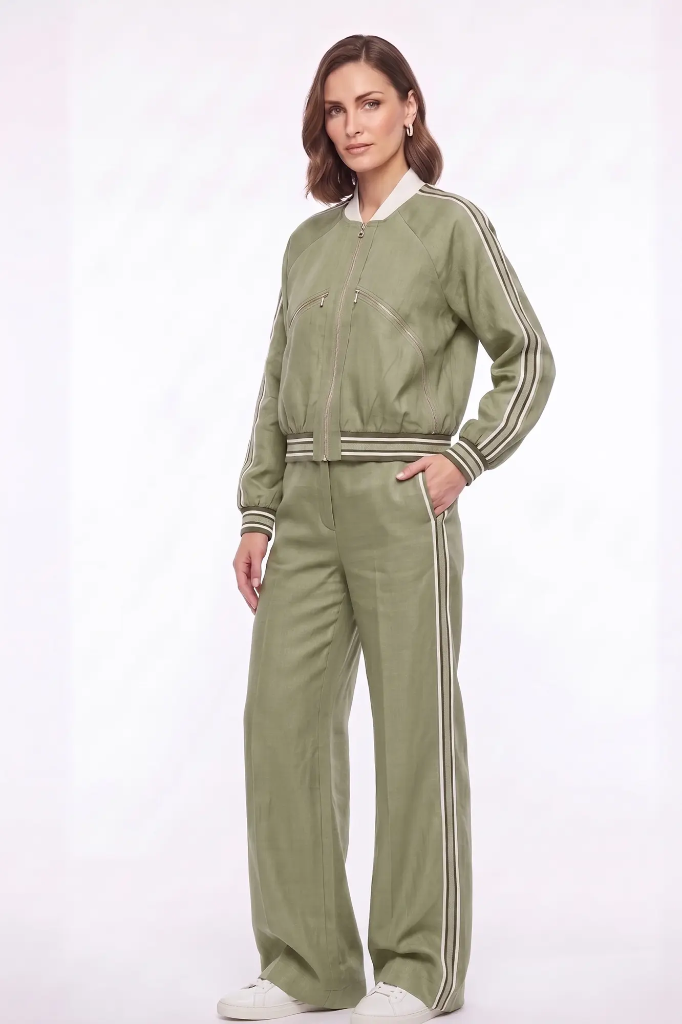 Muted Green bomber jacket and wide cut trouser - White ribbed cuffs and hems - Front View Muted Green bomber jacket and wide cut trouser - Image 1