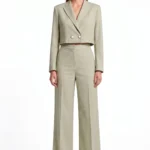 Muted green cropped double breaster blazer and matching high-waisted, wide-leg trouser