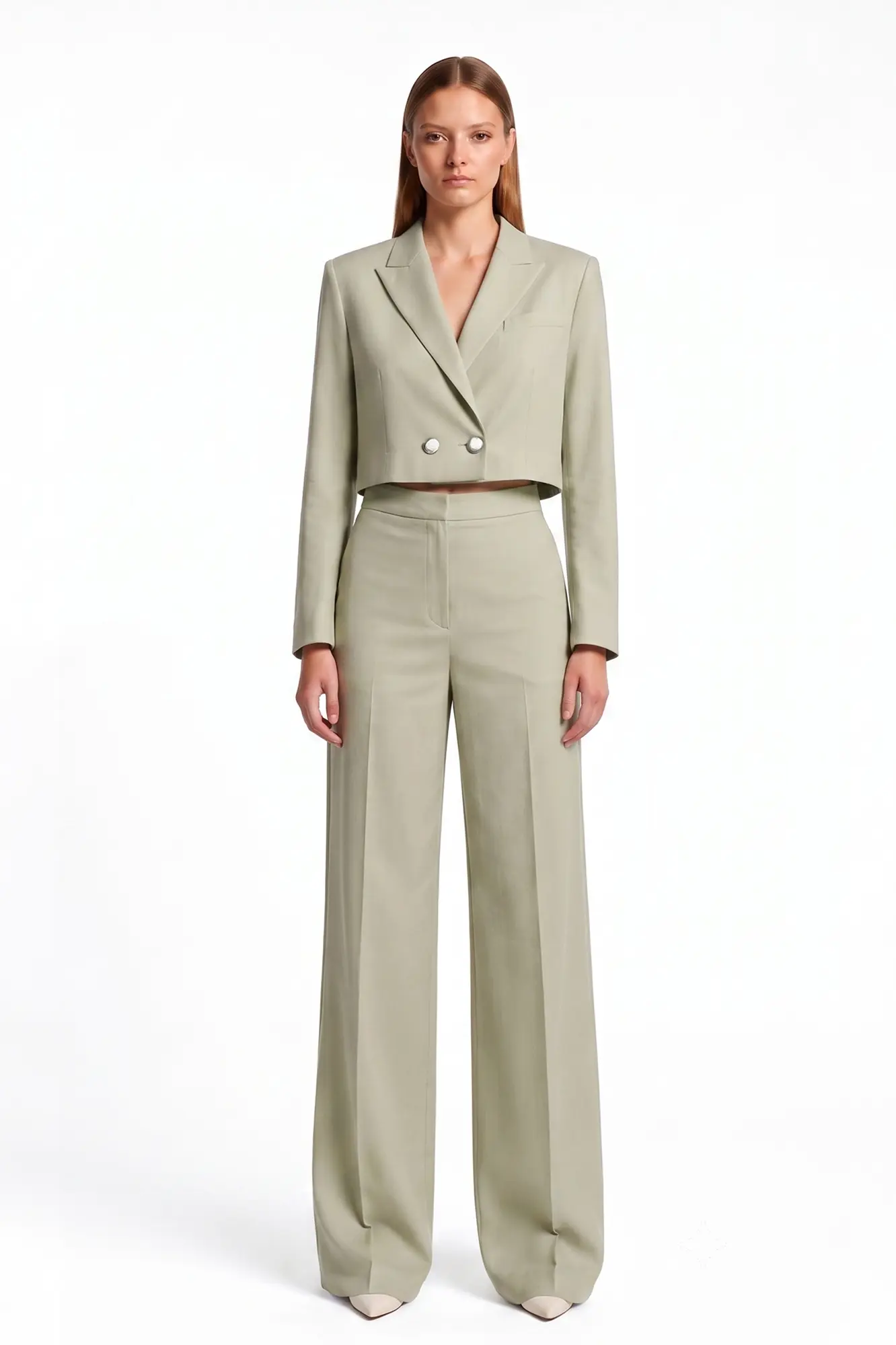 Muted green cropped double breaster blazer and high-waisted, wide-leg trouser - Front View Muted green cropped double breaster blazer and matching high-waisted, wide-leg trouser - Image 1