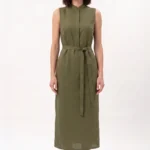 Olive green straight cut dress with wrap belt