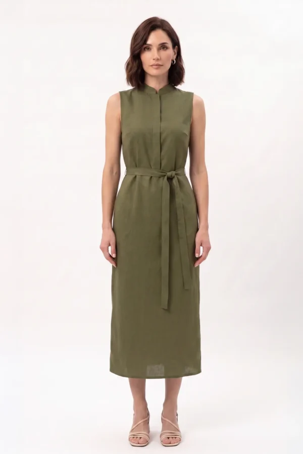 Olive green straight cut dress with wrap belt