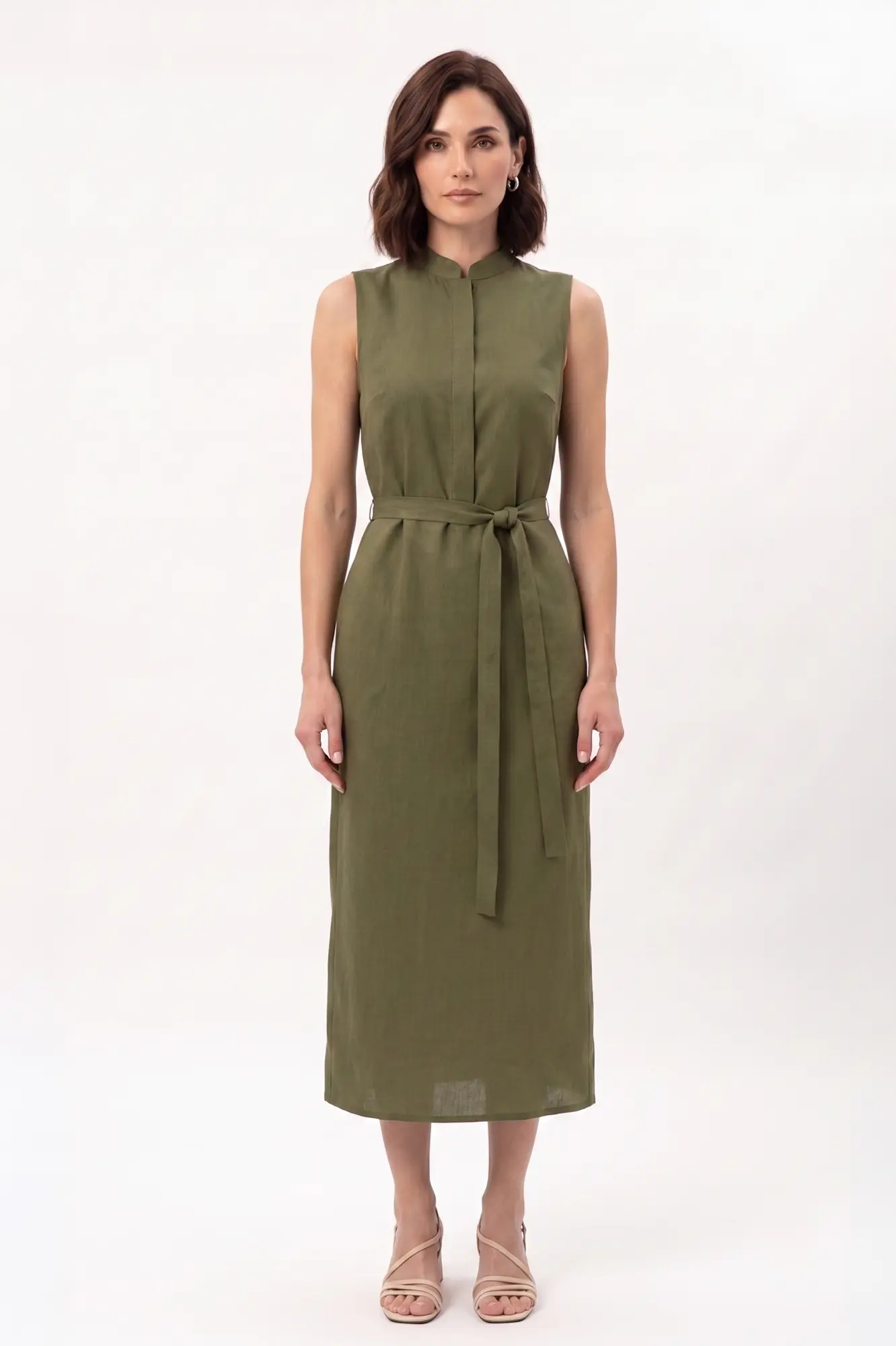 Olive green straight cut dress with wrap belt - Front View Olive green straight cut dress with wrap belt - Image 1