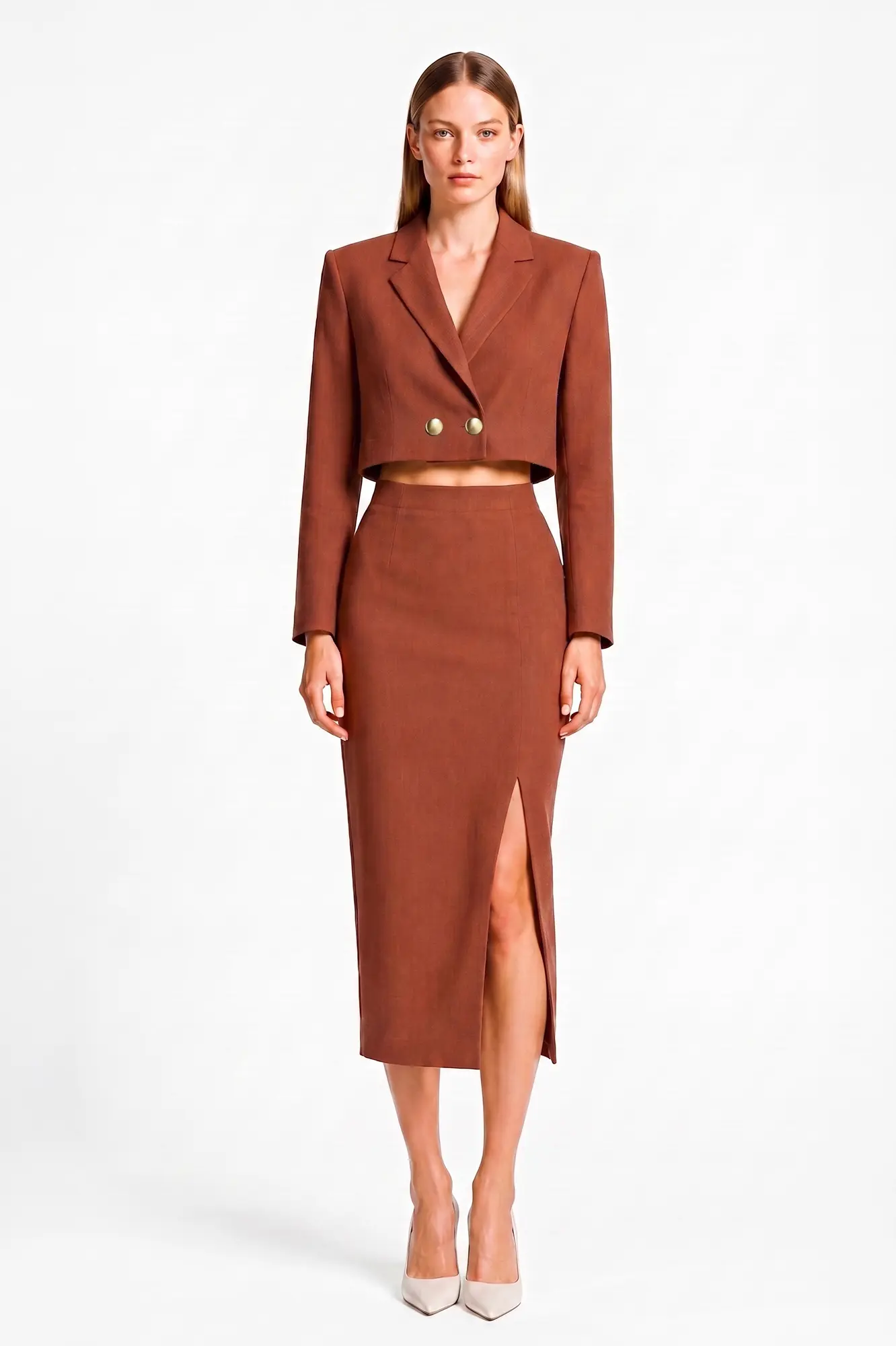 Rust Orange Cropped double breaster blazer and Skirt - Front view Rust Orange Cropped double breaster blazer and Skirt - Image 1