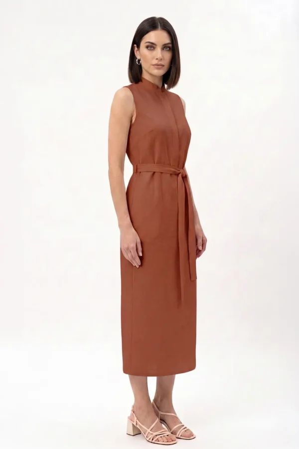 Rust orange straight cut dress with wrap belt