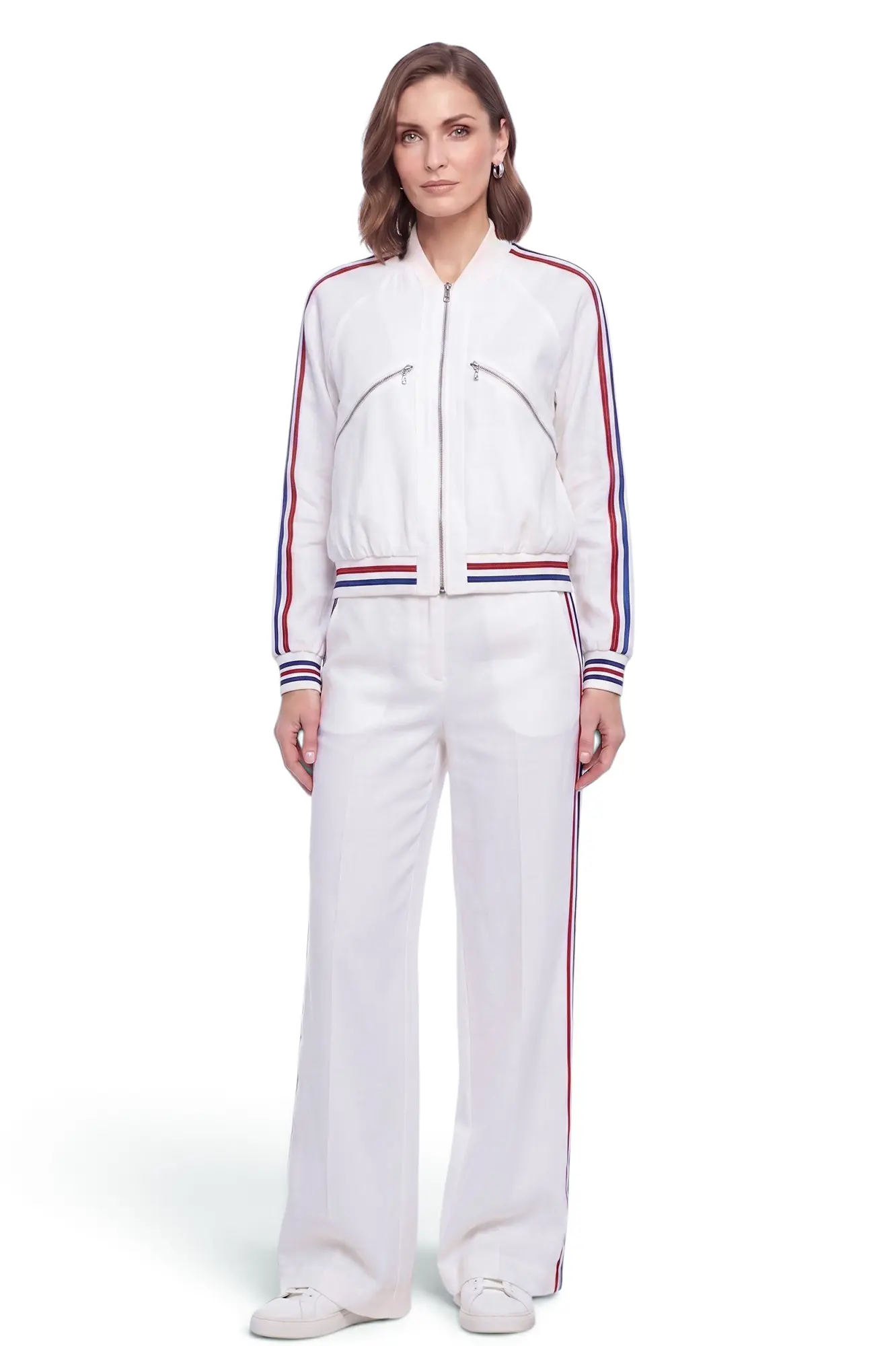 White bomber jacket & wide cut trouser - Red and blue ribbed cuffs and hems - Front View White bomber jacket & wide cut trouser - Image 1