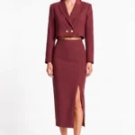 Wine cropped double breaster blazer and matching skirt