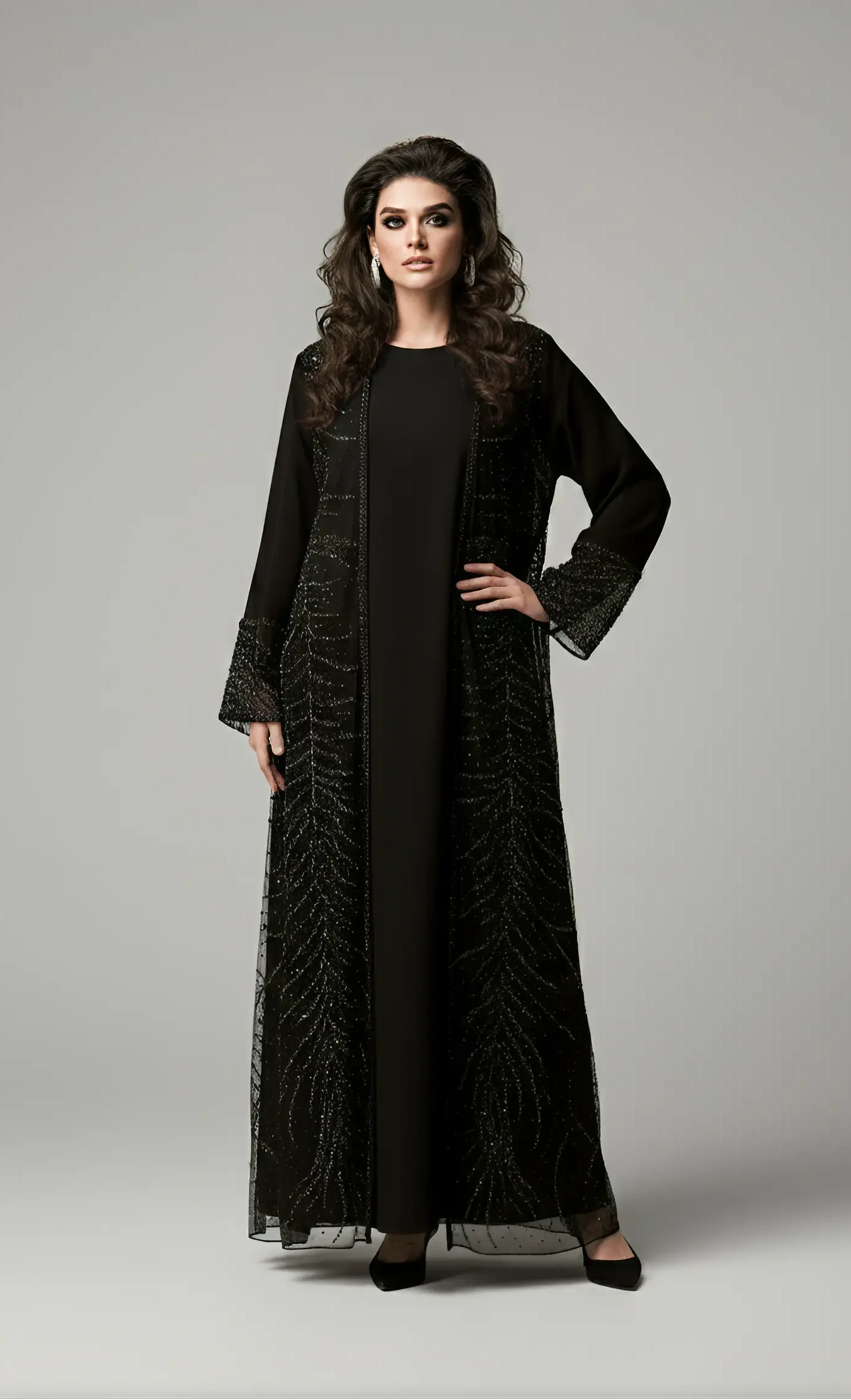 Embroidered Sequin Branches Of Tree Black Front View